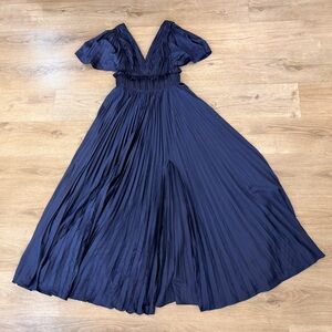 AMUR Suze Gown Deep Blue Pleated Front Slit Maxi Dress